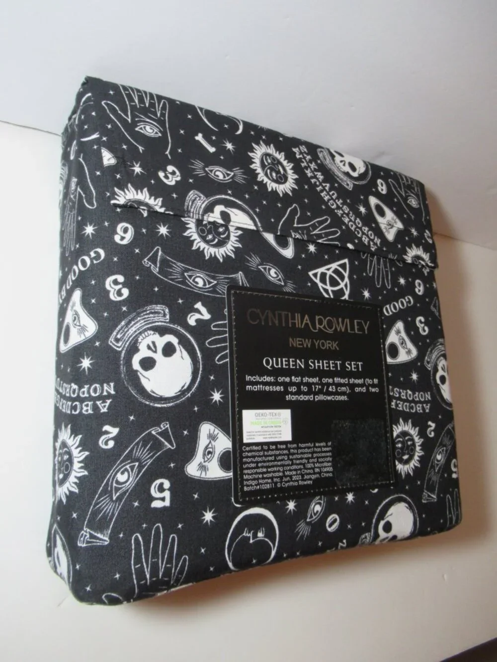 New Cynthia Rowley QUEEN Black Ouija Sheet Set Sun Stars Moon Skull Halloween